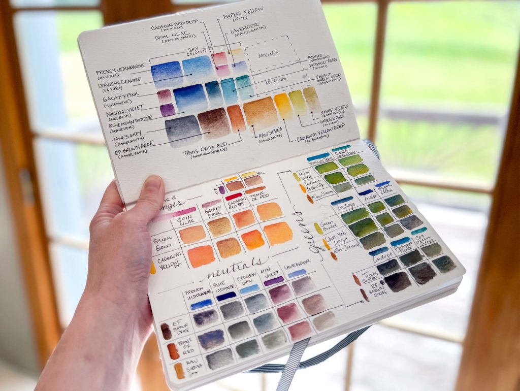Jill holding out a sketchbook with lots of swatches and mixing charts.