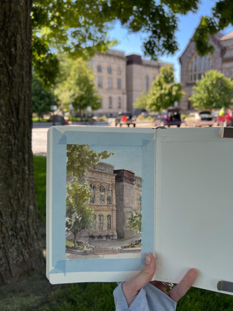 Picture of sketch done plein air using portable watercolor painting kit.
