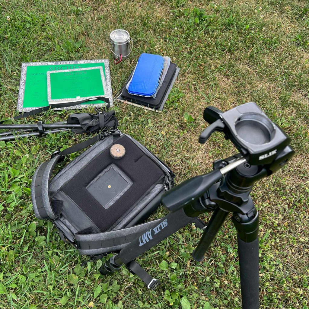 Large Watercolor Plein Air Setup Step 2: Supplies removed from bag and temporarily stored on ground.