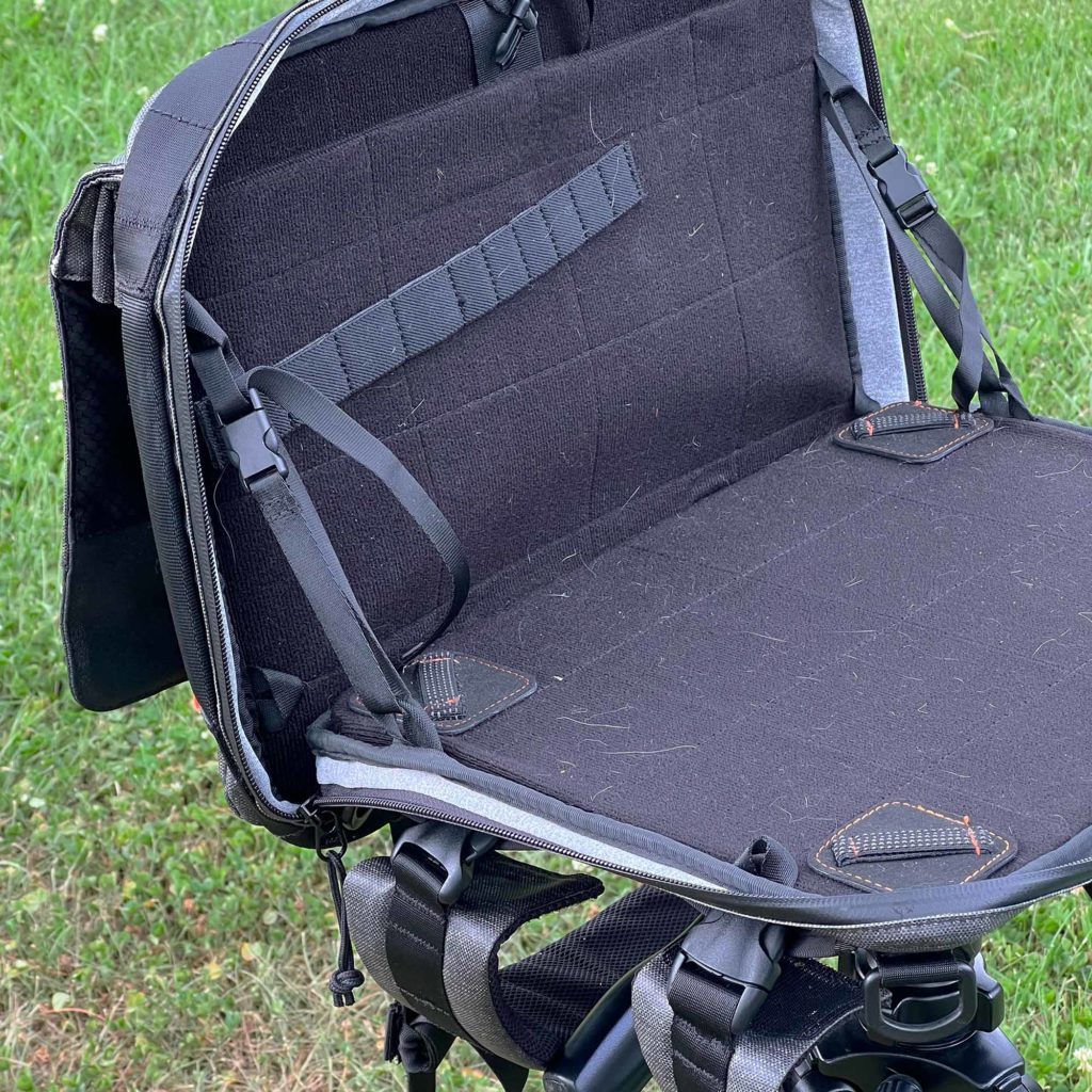 Large Watercolor Plein Air Setup Step 4: Workspace in satchel setup in a shape like a laptop. Straps keeping the back surface upright are tight.