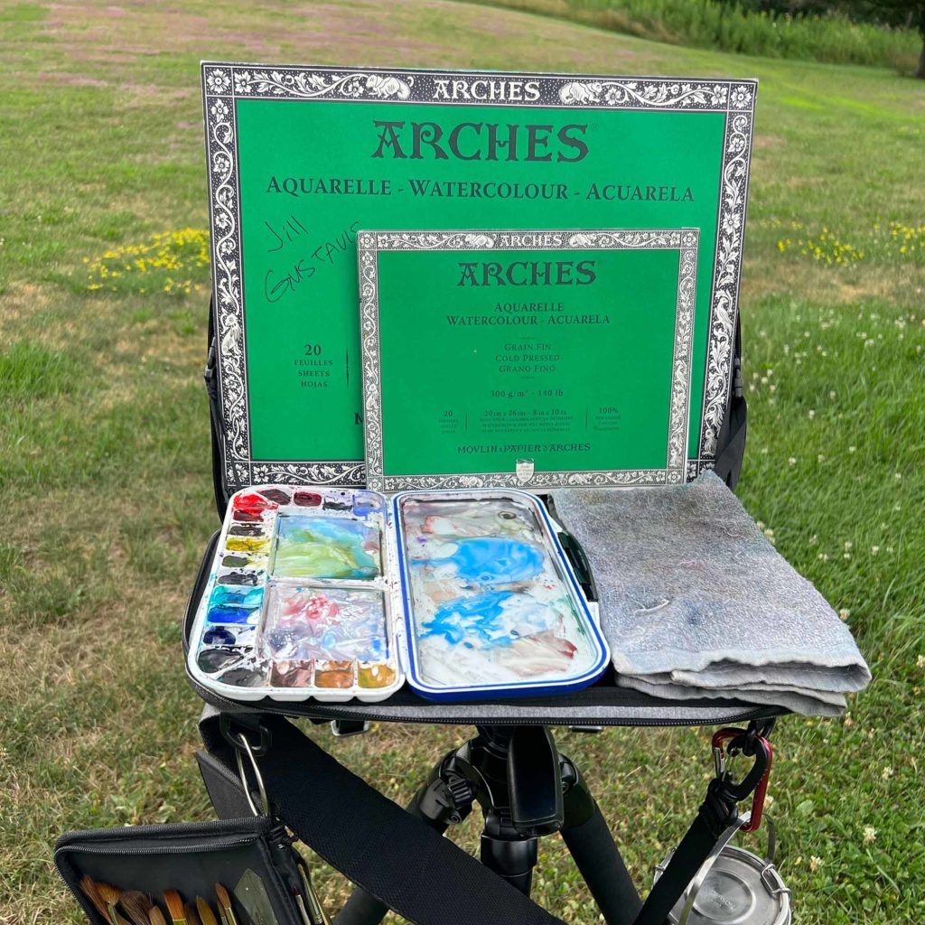 Large Watercolor Plein Air Setup Step  6: The rest of the loose supplies are set up on top of the worksurface.