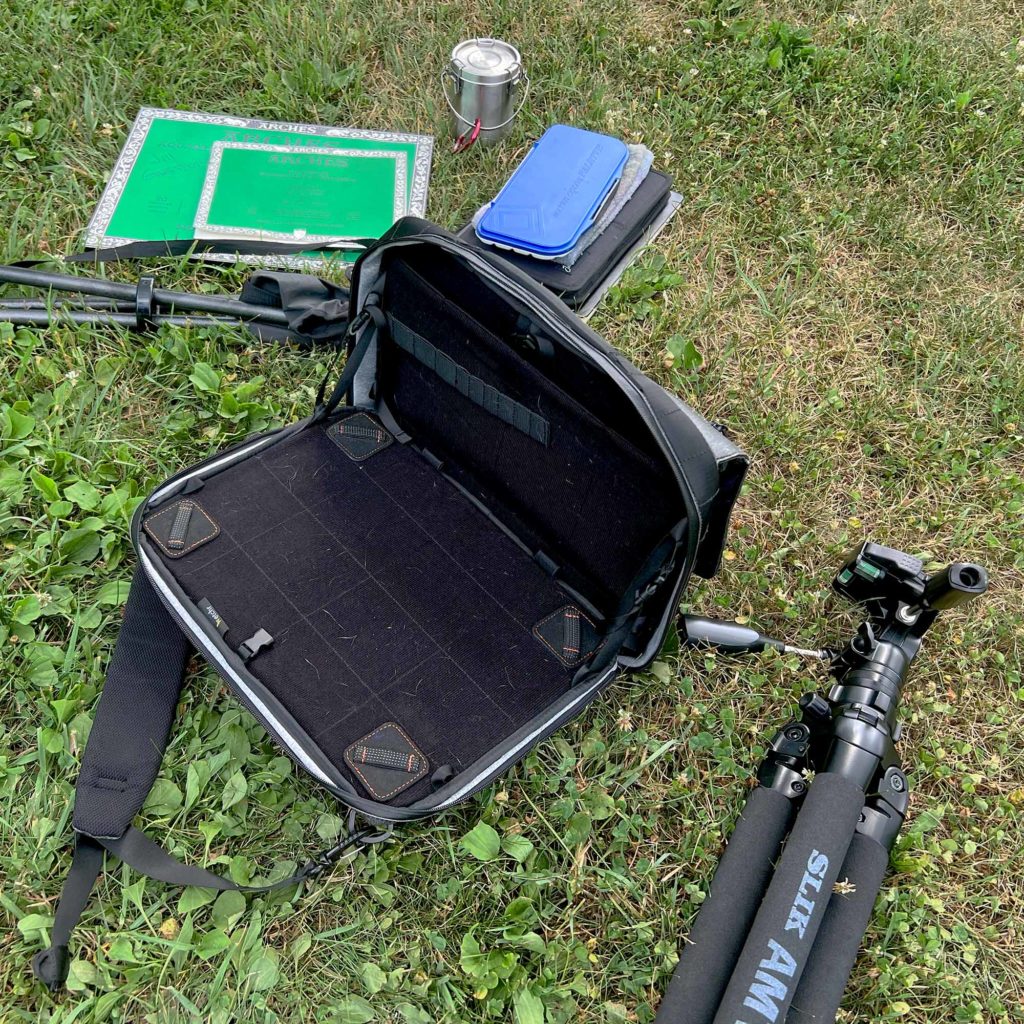 Large Watercolor Plein Air Setup Step  9: Supplies and components are disassembled on ground and ready to be packed up.